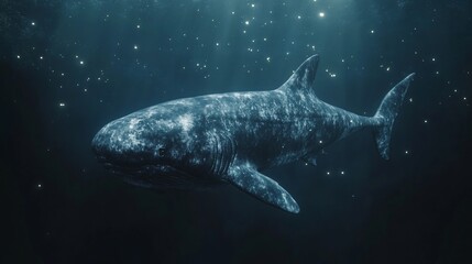Naklejka premium Celestial Shark Swims Deep Ocean Night