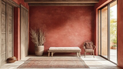 Warm toned interior with terracotta walls and rustic furniture