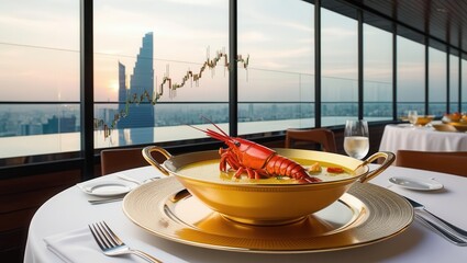 Fototapeta premium Exquisite lobster dish at rooftop restaurant city skyline gourmet photography elegant setting