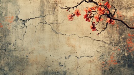 Tranquil Bloom Against Weathered Wall: A Serene Vintage Photography