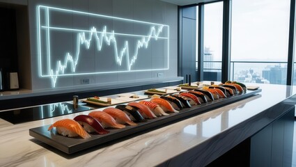 Sushi platter presentation modern restaurant food photography urban high-rise aesthetic view