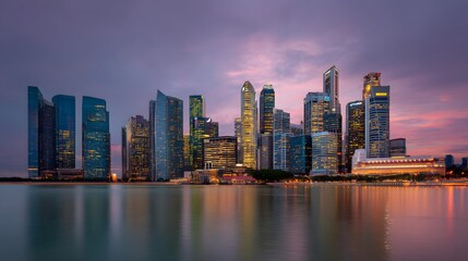 Fototapeta premium Singapore skyline cityscape at dusk waterfront view tourism travel destination