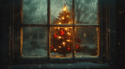 Christmas tree glows through snowy window in winter evening, outdoor view