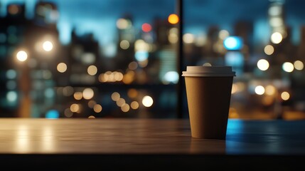A solitary coffee cup against a blurred cityscape at night creates a tranquil scene