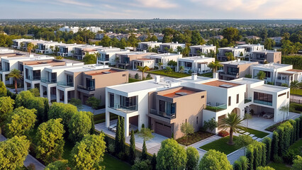 Obraz premium Modern residential area, tree-lined, beautiful environment, suitable for family living