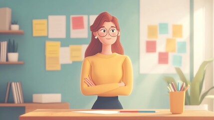 Thoughtful woman with arms crossed, standing at desk in modern office.