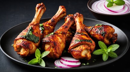 Naklejka premium Grilled chicken drumsticks garnished with mint leaves, accompanied by green chutney and sliced red onions, arranged elegantly on a dark plate