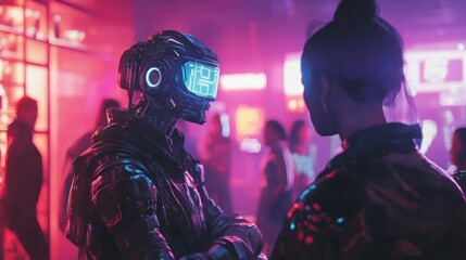 Futuristic encounter: Cybernetic interaction in a neon-lit urban cityscape