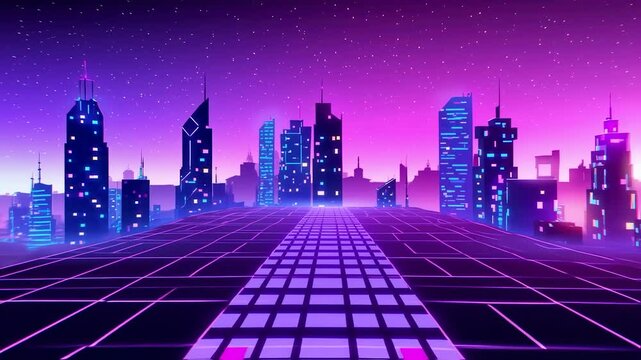 Retro city landscape urban skyline cityscape. Synthwave flyer footage. 80s, 90s style. 