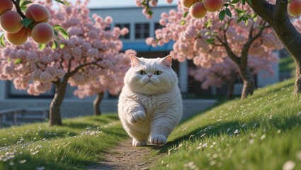 A fluffy white cat with blue eyes walks along a path in a springtime garden, surrounded by blooming peach trees. The cat's playful stride adds a touch of charm to the already idyllic scene.