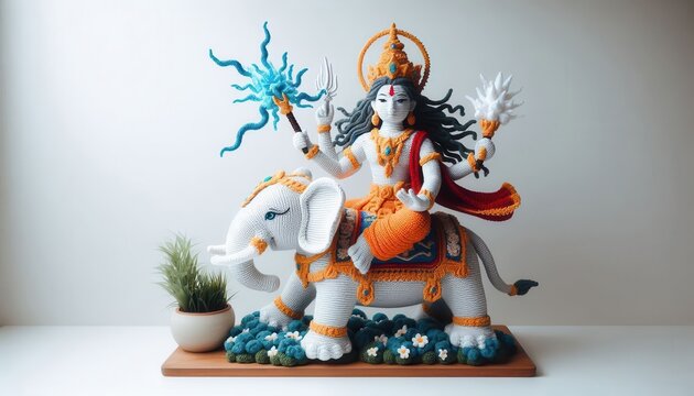 Vibrant hindu goddess sculpture on elephant home decor artistic environment close-up view