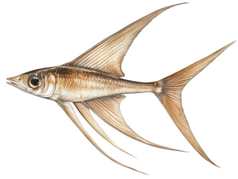 Detailed Illustration of a  Striped  Featherfin  Fish  with  Long  Elegant  Fins Against a Black Background