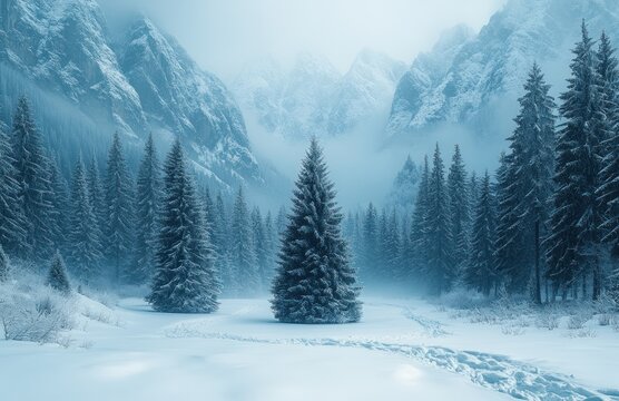 Winter mountain landscape with snow covered pine trees and fir forest in Carpathian mountains