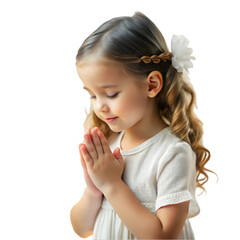 Portrait of a cute little girl praying against white
