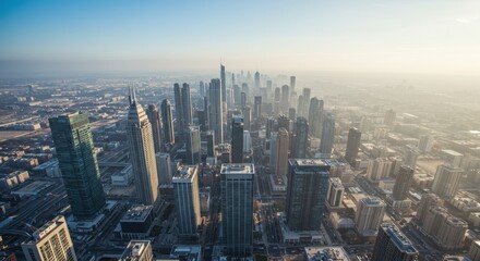 Aerial View of a City Skyline at Sunrise