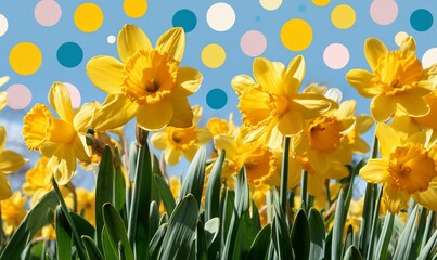 Obraz premium Bright yellow daffodils against a cheerful background of colorful polka dots