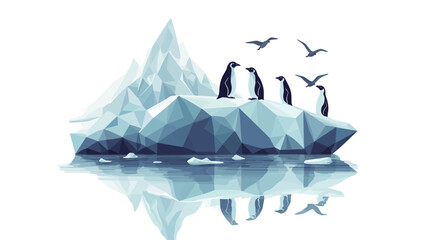 stylized vector illustration of a low polygonal representation of an iceberg with a group of penguins perched on the top.