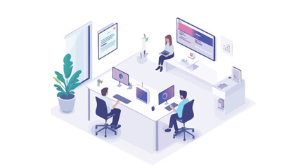 Obraz premium Isometric illustration of a modern office space with several employees sitting at two desks.