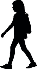 Silhouette of Girl with Backpack Walking, Isolated on White, Side View, Full Body Shot
