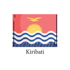 Vector illustration of the national flag of Kiribati, depicting a yellow frigatebird flying over a rising sun and ocean waves on a red background in a modern flat graphic style