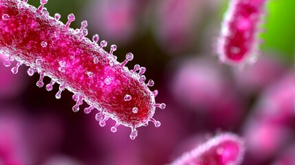 Detailed microscopic view of a pink bacterium