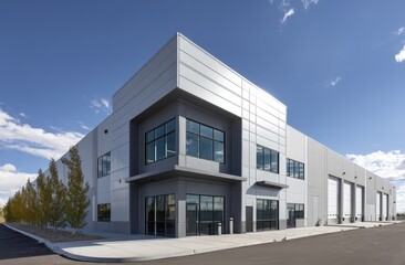 Obraz premium Modern Industrial Building Design: Sleek Facade, Large Windows, & Ample Parking. Features Contemporary Architecture in a Commercial Setting.