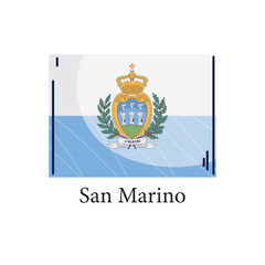 Vector illustration of the national flag of San Marino featuring a blue and white horizontal design with the country's detailed coat of arms in a flat and minimalist style