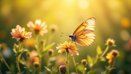 Butterfly on flower in soft morning light.