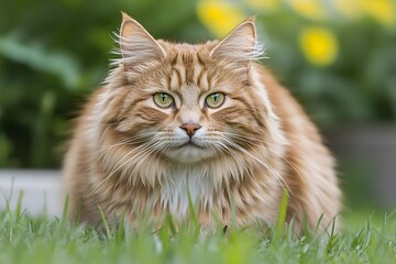 Fluffy Ginger Cat in Green Grass, Adorable Pet Portrait
