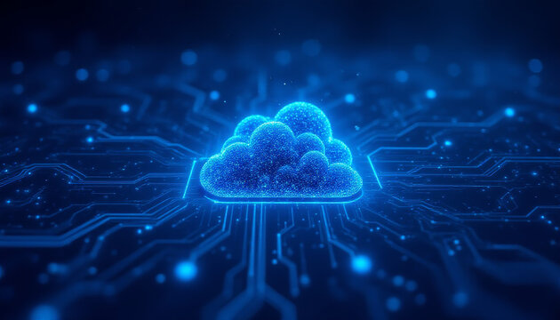 Futuristic cloud storage with glowing circuits.