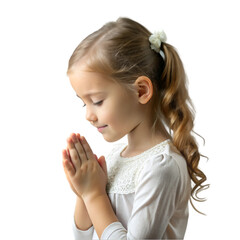Portrait of a cute little girl praying against white
