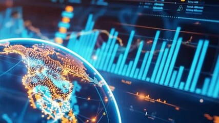 Futuristic global data visualization with graphs, analytics, and a digital earth model for high-tech environments.