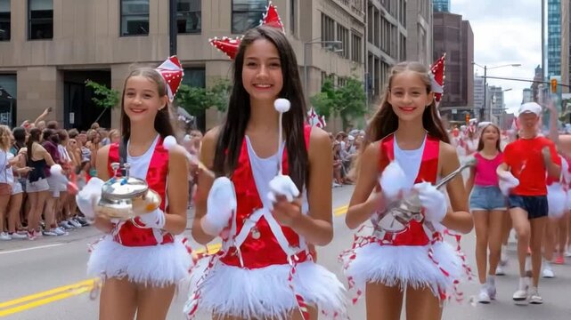 Cheerful young dancers in colorful costumes perform at a lively parade under sunny skies in an urban setting