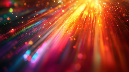 Fototapeta premium Vibrant abstract background with multicolored light streaks and glowing particles radiating from the top right, evoking motion, energy, and celebration.