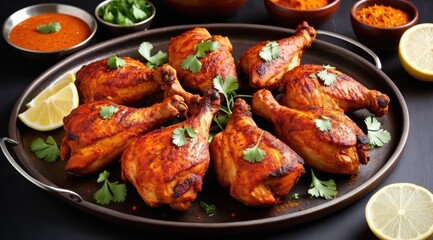 Fototapeta premium Grilled tandoori chicken legs served on a black platter with fresh coriander and lemon wedges on a wooden table, accompanied by a bowl of spicy seasoning