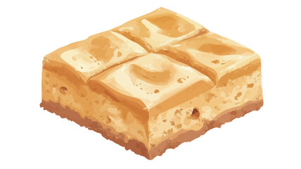 This digitally rendered close-up of a square dessert. The dessert is a rich golden color and has a creamy or buttery texture. The top layer is divided into four sections by subtle scoring.