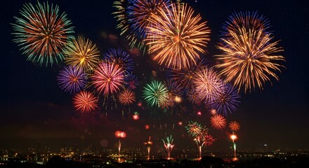 Fototapeta premium Spectacular fireworks display lighting up the night sky above cityscape