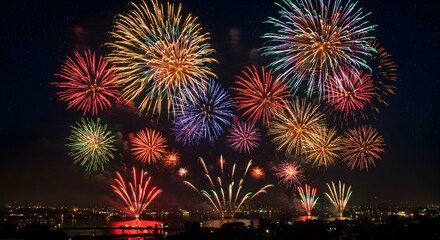 Spectacular fireworks display illuminates night sky above vibrant cityscape
