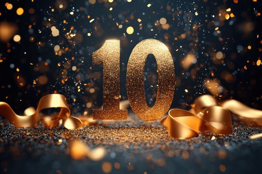 Luxurious 10th anniversary celebration design with bold golden number 10 glittering texture elegant serif typography sparkling golden confetti ribbons soft gradient background modern graphic style - Powered by Adobe