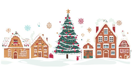 Obraz premium A digitally rendered illustration of a charming winter countryside scene. The style is flat cartoon, with clean lines and bright, saturated colors. Several unique gingerbread houses.