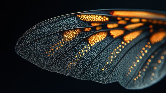 Detailed close-up view of a butterfly wing, showcasing intricate patterns and textures.  