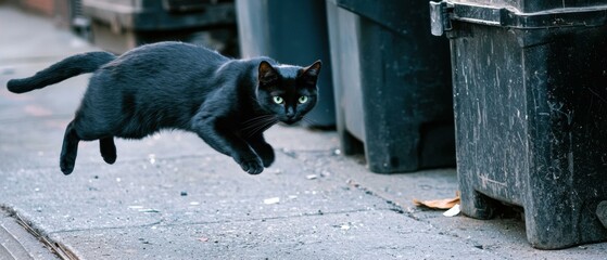 Black cat leaping in the street. AI.