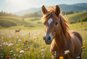 Obraz premium Horse in Meadow With Flowers
