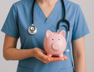 Nurse holding a piggy bank and stethoscope Reflects the concept of medical expenses, finances, and health care. along with financial management