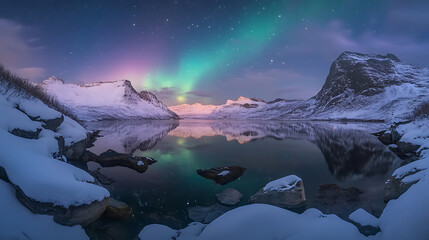 Naklejka premium Stunning Aurora Borealis over Snowy Mountain Landscape