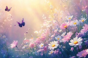 Obraz premium Colorful meadow flowers and butterflies