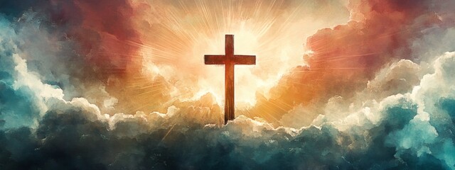 Christian easter. Conceptual religious symbol on a colorful sky at sunset. Generative AI