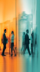 Fototapeta premium Busy modern office lobby. Blurred figures of people interacting