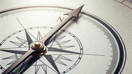 Close-up of a vintage compass with intricate details and a directional arrow.