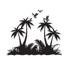 vector illustration of a tropical island, tropical island with palm tree black silhouette vector art and illustration. 